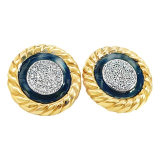 Late 20th Century Pair of 14k Yellow Gold Twisted Rope & Black Enamel Earrings With Diamond Cluster For Sale