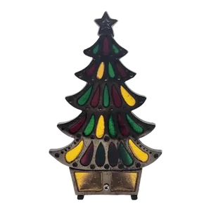 Vnt 1970’s Stained Glass Christmas Tree Cast Iron Candle Holder