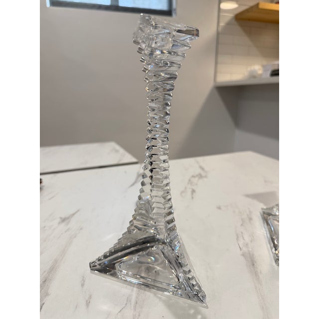 Mid-Century Modern 24% Lead Crystal Unique Triangle Eiffel Tower Shape Candle Holder Candlesticks For Sale - Image 3 of 8
