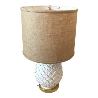 1940s White Ceramic & Brass Pineapple Artichoke Table Lamp With Burlap Shade For Sale