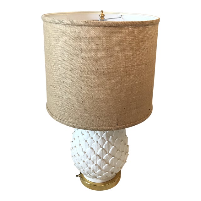 1940s White Ceramic & Brass Pineapple Artichoke Table Lamp With Burlap Shade For Sale