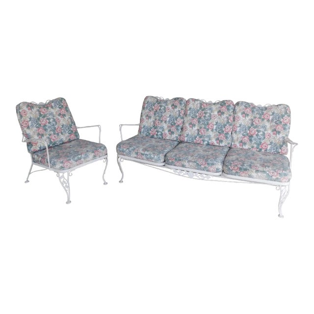 Vintage Russell Woodard Style Garden Sofa and Arm Chair For Sale