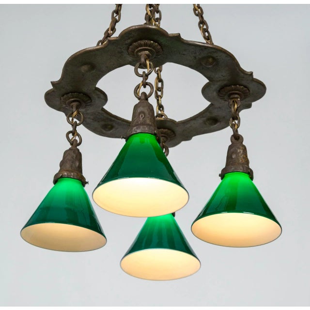 Arts & Crafts Hammered Darkened Metal Chandelier With Green Glass Shades For Sale - Image 4 of 12