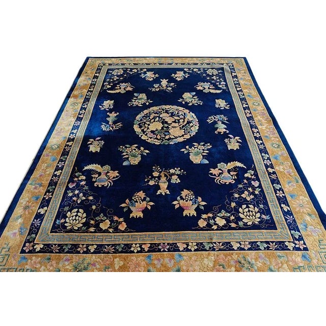 1920s Chinese Art Deco Carpet ( 8' 9'' x 11' 6'' - 266 x 350 ) Antique Art Deco Chinese Floral, Medallion Blue Navy, Ivory...