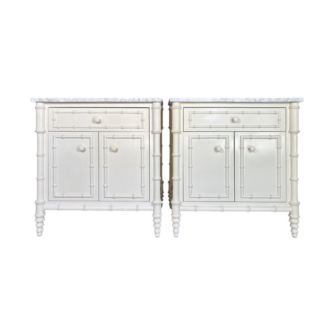 Williams-Sonoma Williams-Sonoma Home "Hampstead" Faux Bamboo Nightstands With Carrara Marble Tops - Pair For Sale - Image 4 of 14