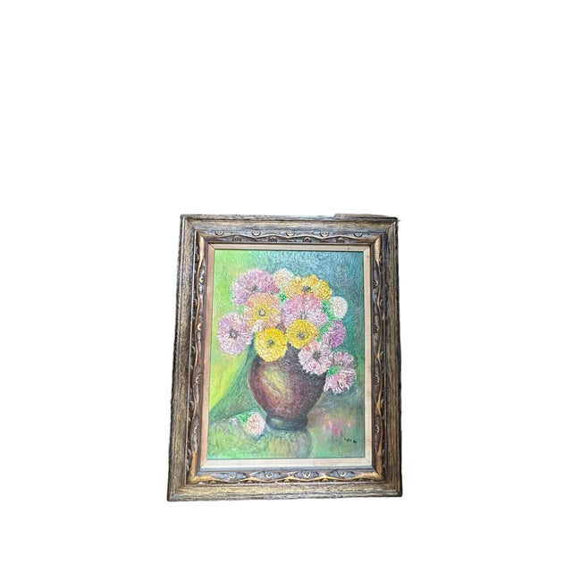 Original, classic oil, painting, signed Joan, 1966, hand carved wood frame 39x32x3”