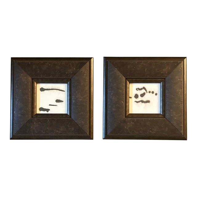 Contemporary 2 Original Small Abstract Ink Paintings Chunky Distressed Finish Frames- a Pair For Sale