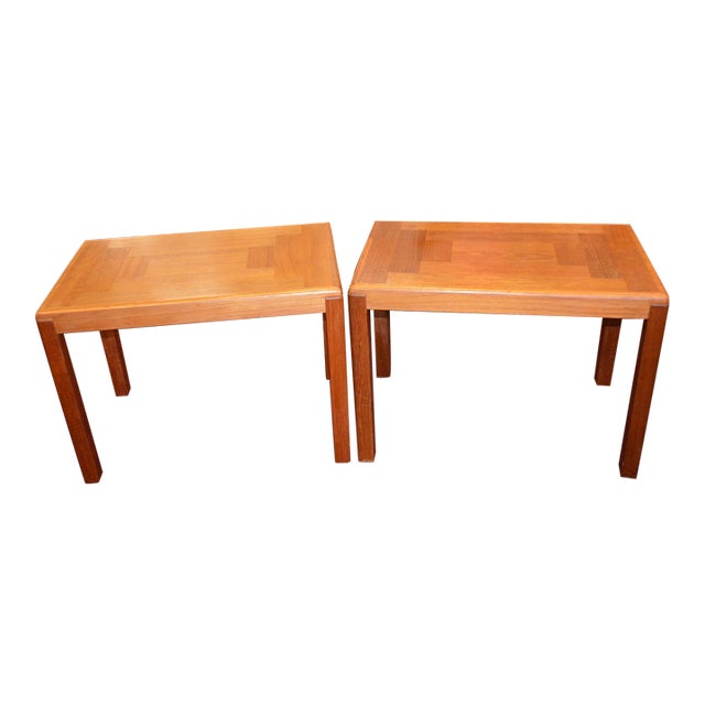 Pair Mobelfabrik Denmark Golden Solid Teak Wood Rectangular End / Side Tables - Mid Century For Sale