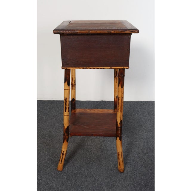Antique Aesthetic Movement sewing box stand/side table supported by bamboo platform and stiles (ca. late 19th/early 20th...