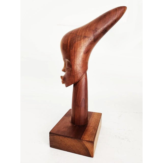 1960s Vintage African Hand Carved Wood Head Bust Sculpture, Artist Signed For Sale - Image 5 of 11