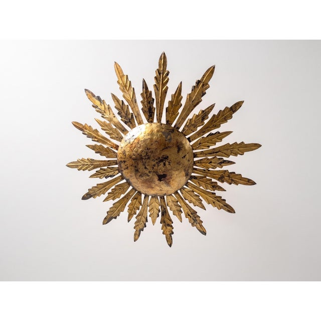 Mid-Century Gilt Metal Sunburst Flush Mount with Leaf Rays, 1950s For Sale - Image 4 of 10