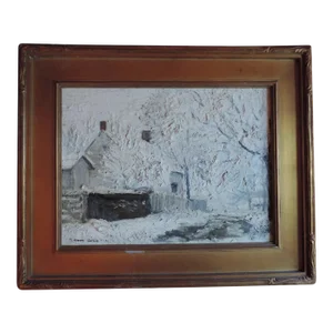 1920-1930 Century American Impressionist Winter Snow Scene Oil Painting on Canvas by Century Harry Allis
