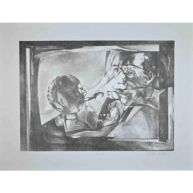 Interview is a Lithograph on wove paper BFK Rives realized in the 1970s by Christian Ricker. Edition of 65 prints,...