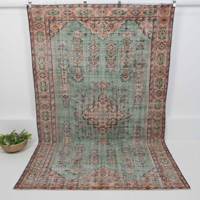 1970s Vintage Handmade Wool Cotton Green Area Rug For Sale - Image 12 of 12