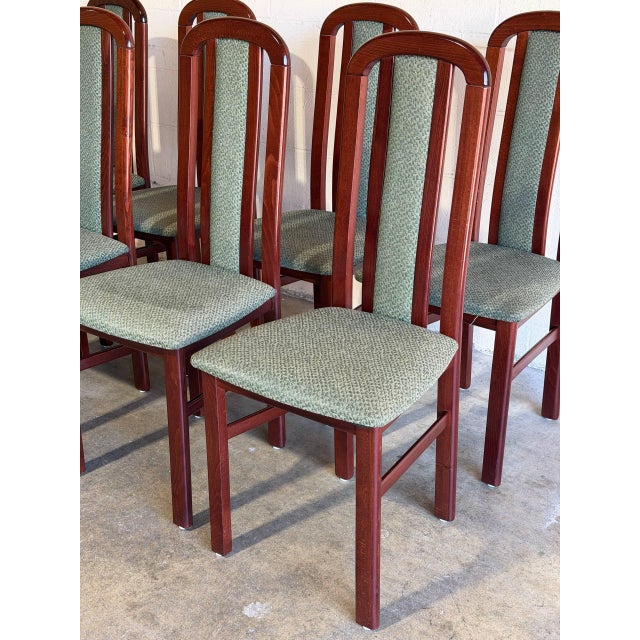 Mid 20th Century High Back Wooden Dining Chairs Set of 8 With Green Upholstery Vintage Mid-Century Modern For Sale - Image 5 of 9