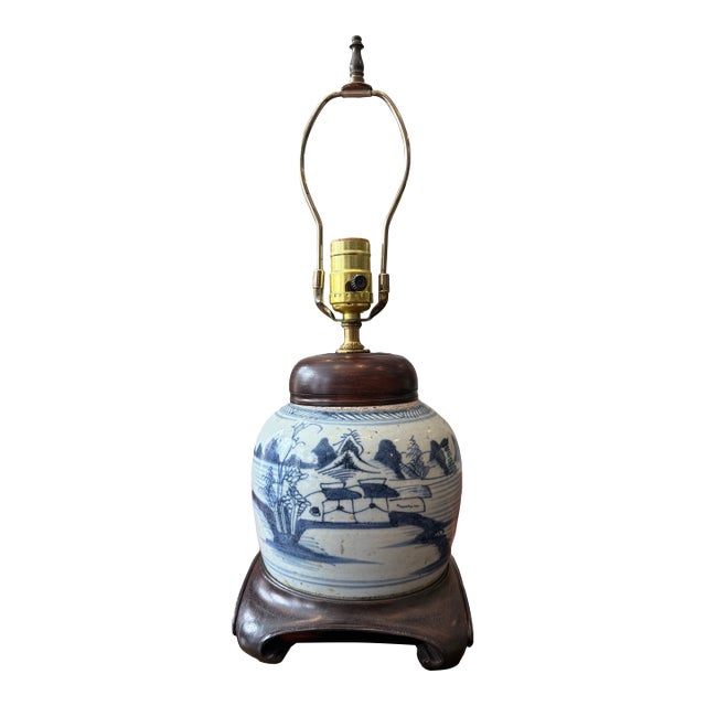 Antique Blue and White Porcelain Chinese Ginger Jar Lamp For Sale