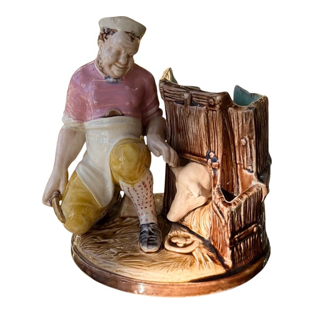 Antique Sarreguemines Majolica Smoking Stand - Pig Farmer For Sale