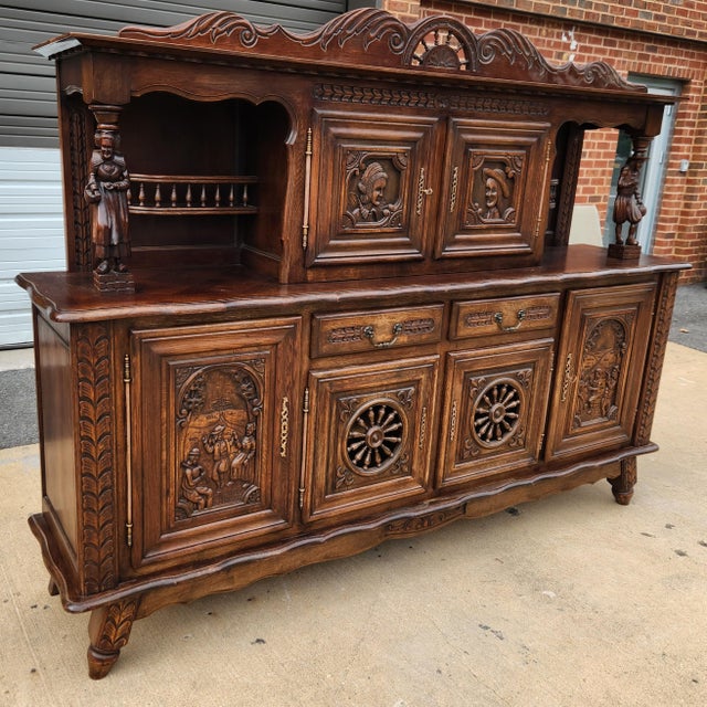 Antique French Brittany Hand-Carved Oak Sideboard, C. 1920s For Sale - Image 4 of 14