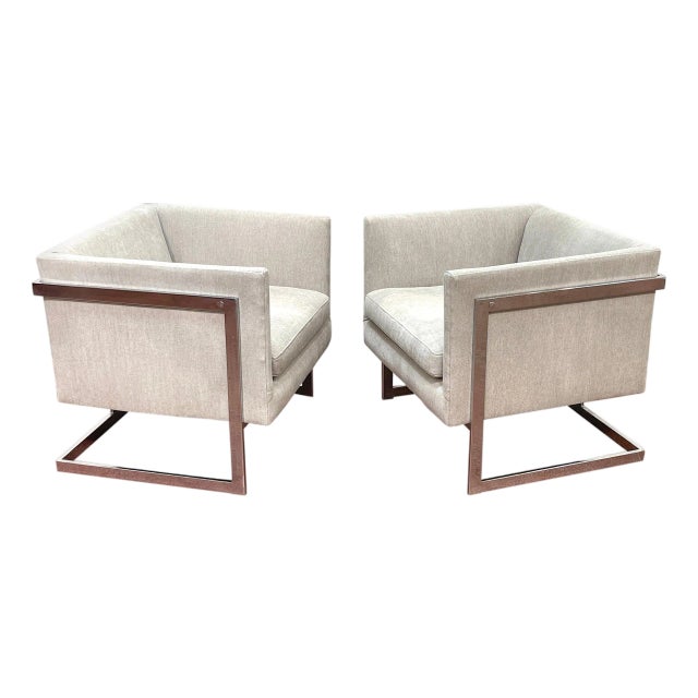 Pair of Milo Baughman Floating Cube Club Chairs, with Kravet Upholstery For Sale