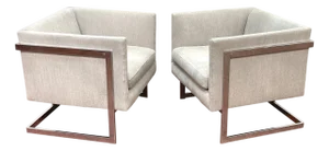 Pair of Milo Baughman Floating Cube Club Chairs, with Kravet Upholstery