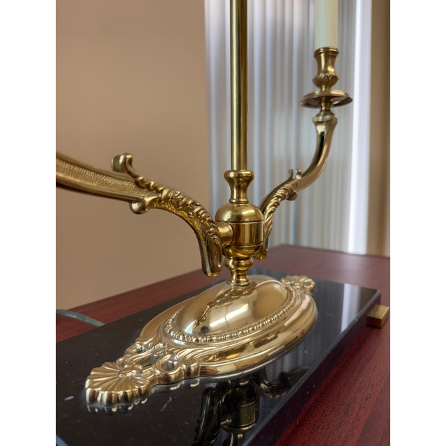 French Haig Solid Brass Two-Light Bouillotte Table Lamp With Black Shades & Marble Base For Sale - Image 3 of 5