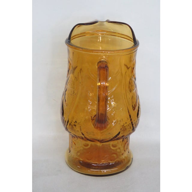 Amber Colored Glass Large Pitcher With Floral Design For Sale - Image 4 of 13