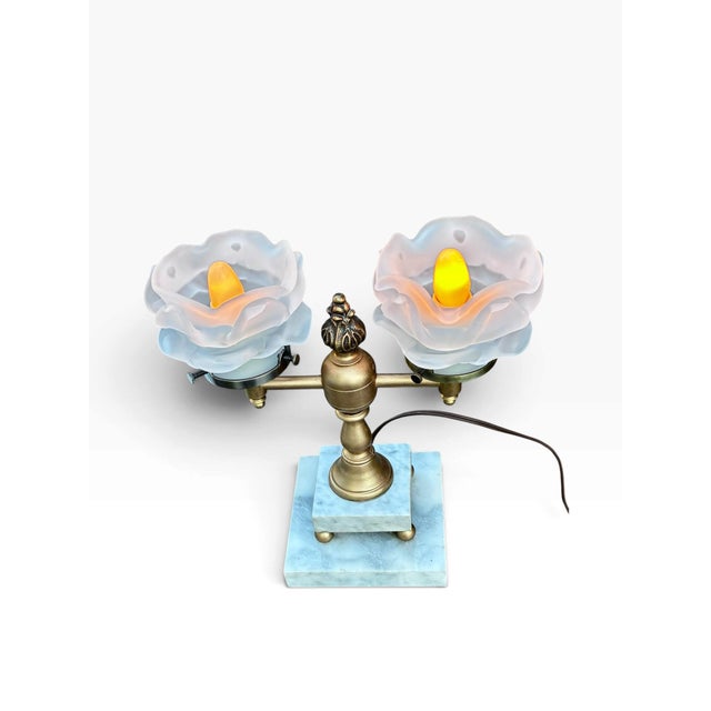 Brass 1950s Art Nouveau Style Double Arm Table Lamp With Frosted Floral Shaped Art Glass Shades For Sale - Image 8 of 15