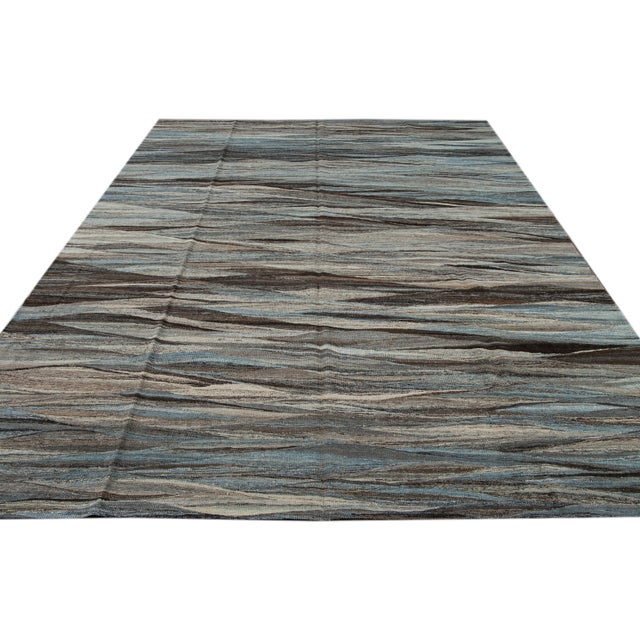 Abstract 9 X 12 Modern Abstract Flatweave Room Size Wool Rug in Blue and Gray For Sale - Image 3 of 13