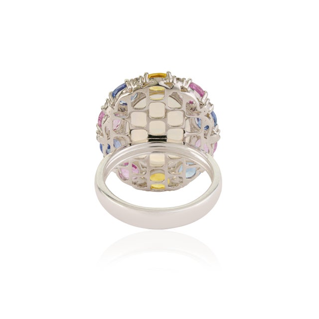 9.01ct Ethiopian Fire Opal, Multi-Sapphire and Diamond Antique 18k White Gold Ring Size 4 For Sale - Image 10 of 18