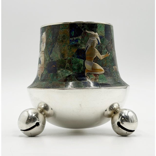 Green 1970s Rare Los Castillo Tripod Vase With Malachite, Lapis, Azurite & Turquoise Inlay For Sale - Image 8 of 18