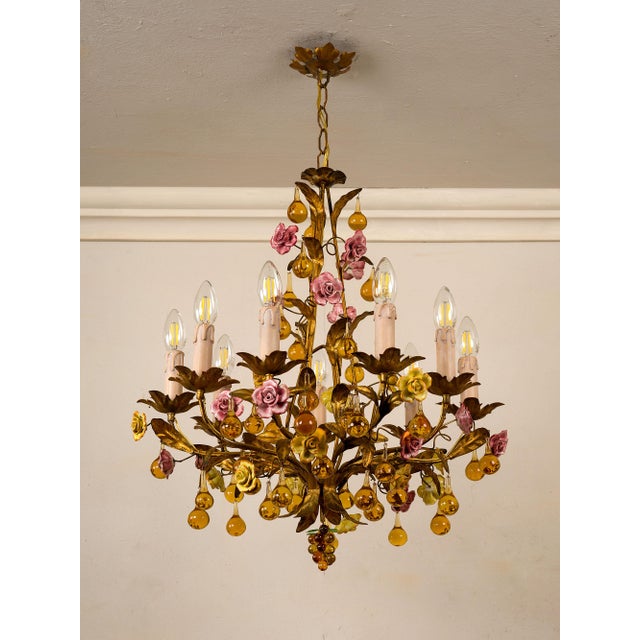 Floral Chandelier in Gilded Iron with Ceramic Flowers and Murano Glass Pendants, Italy, 1960s For Sale - Image 13 of 13