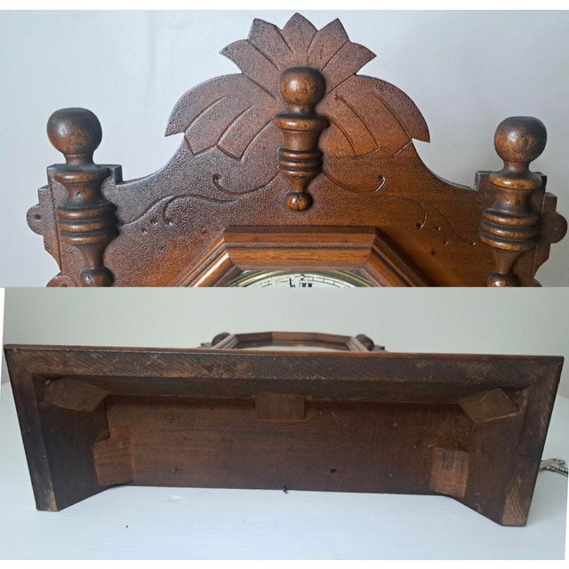 Antique Ingraham Oak Gingerbread Parlor Clock – 8‑Day, Working, W/ Key & Pendulum For Sale - Image 13 of 13