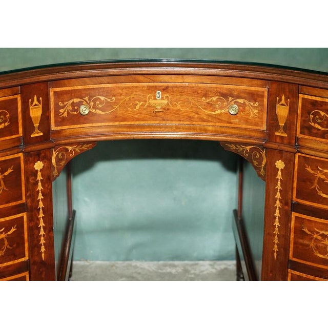Wood Victorian Marquetry Inlaid Hardwood Kidney Library Desk For Sale - Image 7 of 18