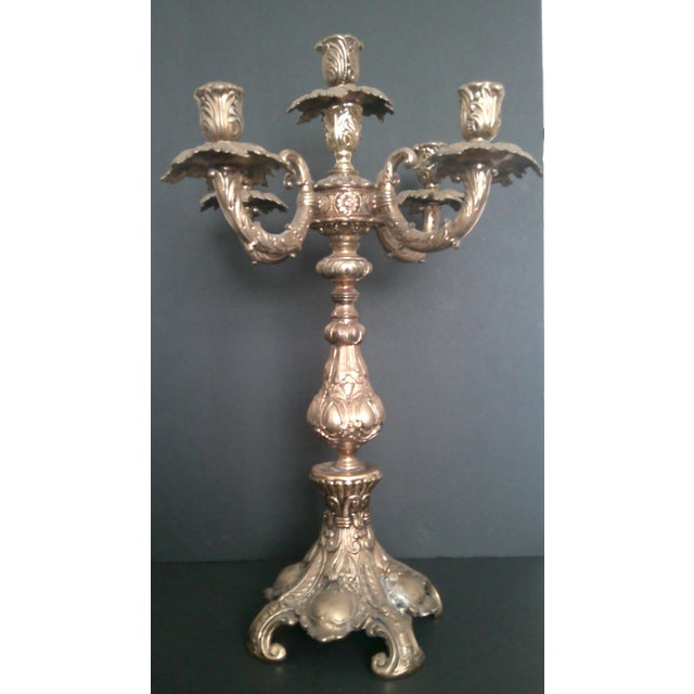 Art Nouveau Vintage Old Retro Brass Candelabra Brevettato/European Style 5-Arm For Sale - Image 3 of 18