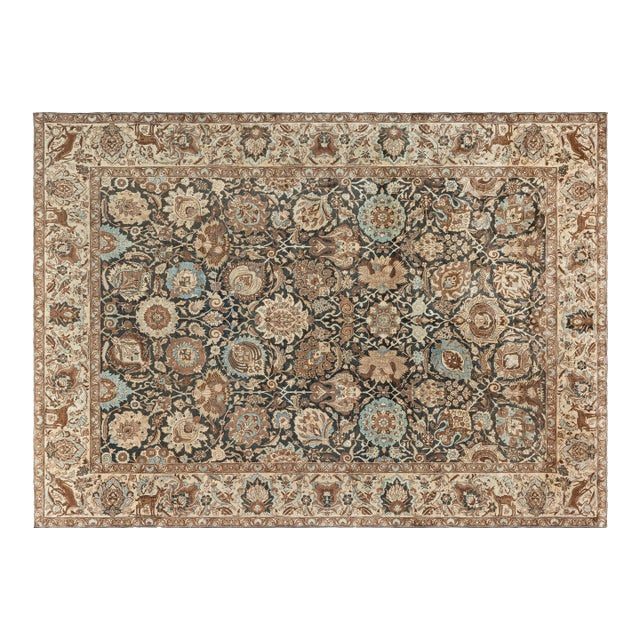 19th Century Persian Tabriz Dark Brown, Beige and Blue Handwoven Wool Rug For Sale