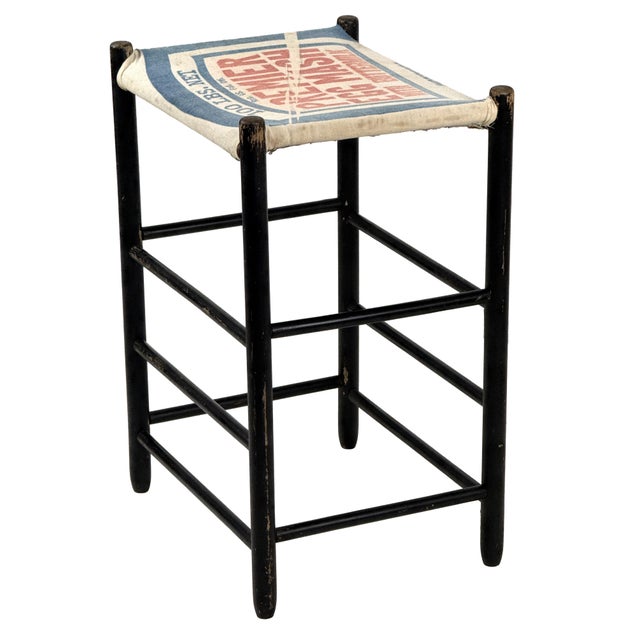 Vintage 1940s Primitive Wooden Stool W/ Black Painted Frame & Premier Egg Mash Feed Sack Seat - 25.5" Tall For Sale In Philadelphia - Image 6 of 17