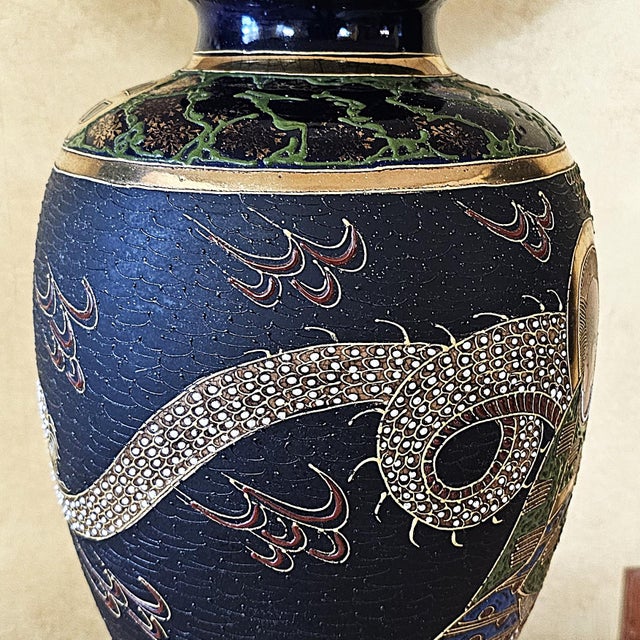 Vintage Japanese Satsuma Moriage Porcelain Table Lamp With Buddhist Immortals For Sale - Image 11 of 18