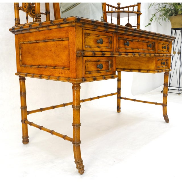 Fine Faux Burnt Bamboo Vanity Dressing 5 Drawers Table Tilting Mirror MINT For Sale - Image 14 of 18