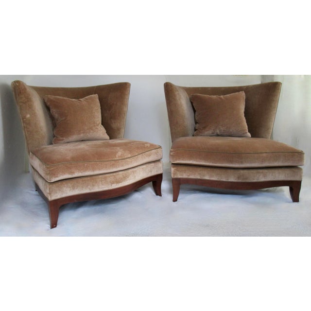 Donghia C2000 Donghia "Geneva" Collection Walnut Framed Club Chairs With Donghia Linen Velvet Textile -Pair For Sale - Image 4 of 16