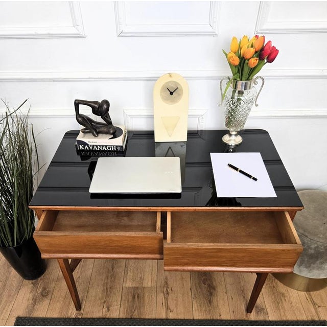 Mid-Century Art Deco Italian Walnut Burl Glass Writing Desk Table, 1940s For Sale - Image 4 of 10