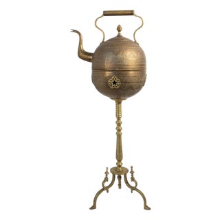 Monumental Moroccan Engraved Brass Tea Kettle on Stand For Sale