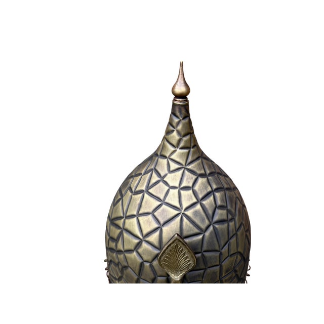 Brass Geometric Engraved Helm With Chainmail For Sale - Image 8 of 13