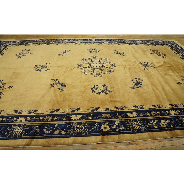 Phenomenal Yellow Goldenrod Color With Delicate Florid Design Antique Chinese Peking Rug For Sale - Image 9 of 12