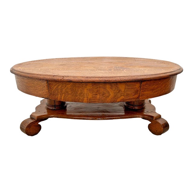 Antique Oval Coffee Table, Tiger Oak, Drawer, Shelf, Petite Size, Empire Style For Sale