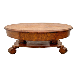 Antique Oval Coffee Table, Tiger Oak, Drawer, Shelf, Petite Size, Empire Style
