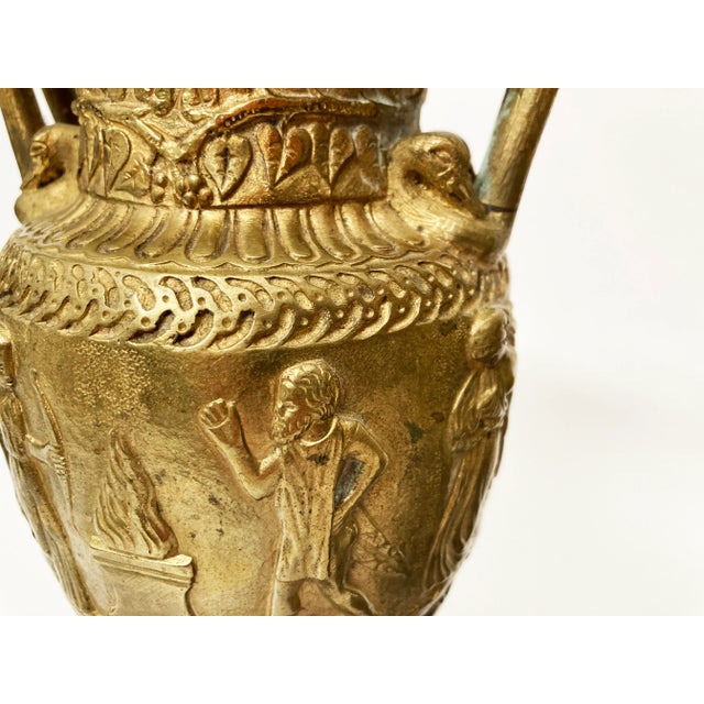 Early 19th Century Bronze French Grand Tour Urns (Pair) on Three-Tiered Stone Base For Sale - Image 10 of 13