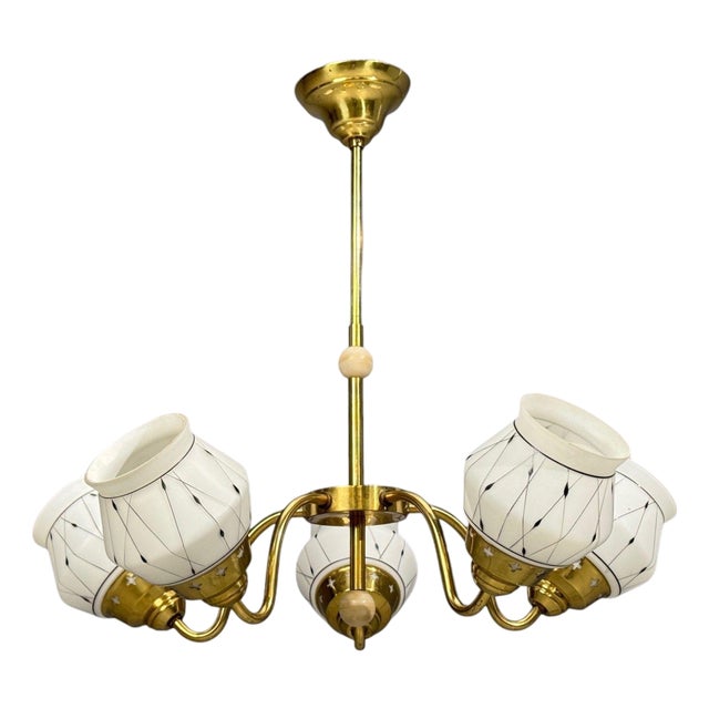 1930s Swedish Modern, Pendant Light, Opaline Glass, Brass, Plastic For Sale