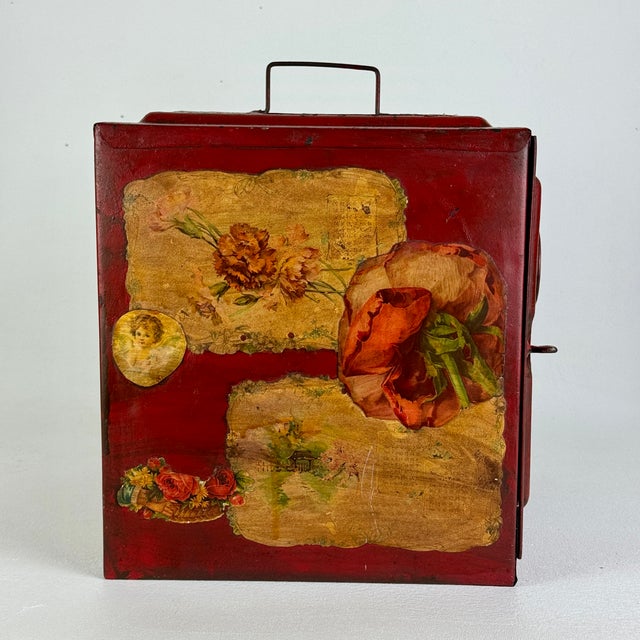 Rare Late 19th Century Red Metal Pie/Bread Safe Box With Decoupage Victorian Finish For Sale - Image 11 of 12