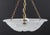 A beautiful pair of Art Deco bowl chandeliers. The shades are frosted white glass with floral motifs. Each shade is signed...