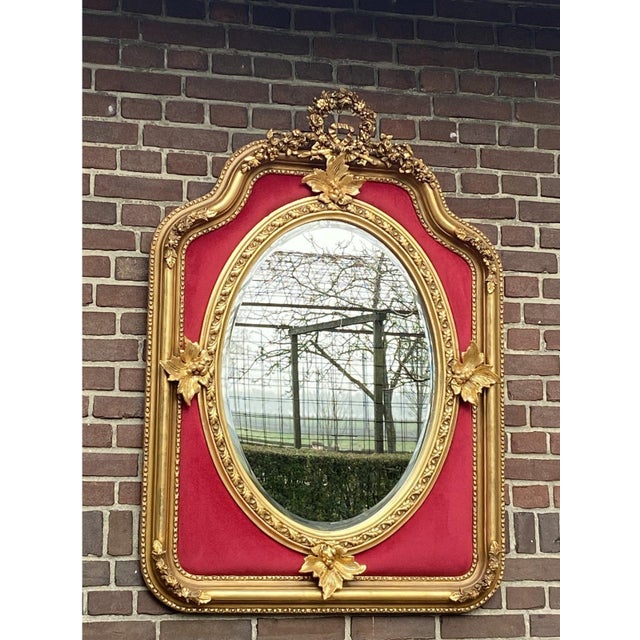 Mid-20th French Louis XVI Gold Velvet Wood Wall Mirror For Sale - Image 12 of 14